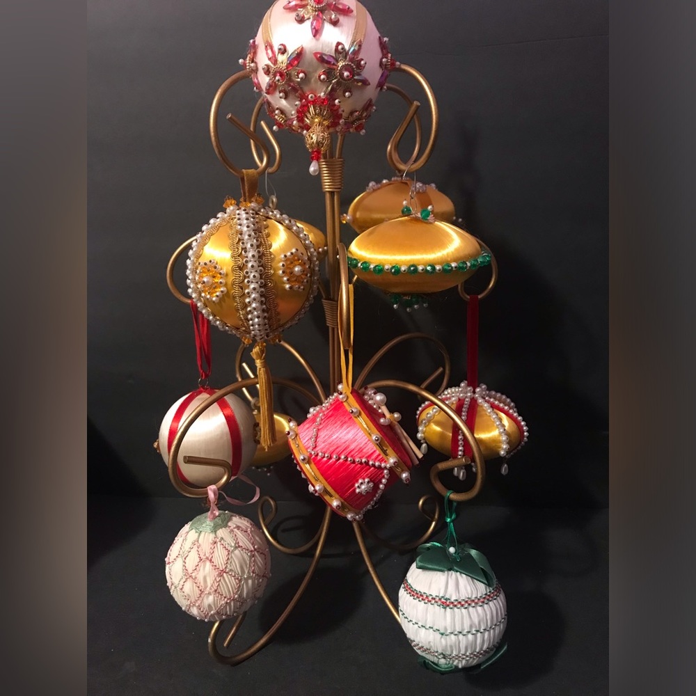 Vintage Christmas Ornaments 1960s Satin/Silk Beaded Push Pin Embellished Gold